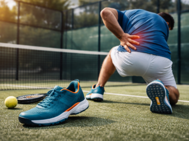 Giocatore di padel con mano sulla zona lombare e scarpe da padel in primo piano